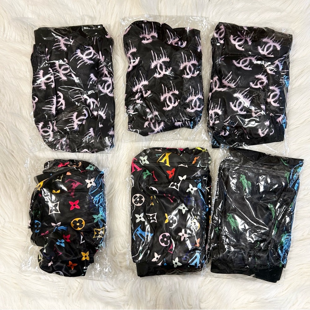 Designer-Inspired Satin Sleep Caps Black Patterned Set of 6